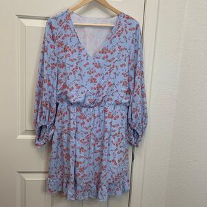 V neck Blue Pink Purple Floral Dress 3/4 Flounce Elastic Sleeve And Waist Ruffle